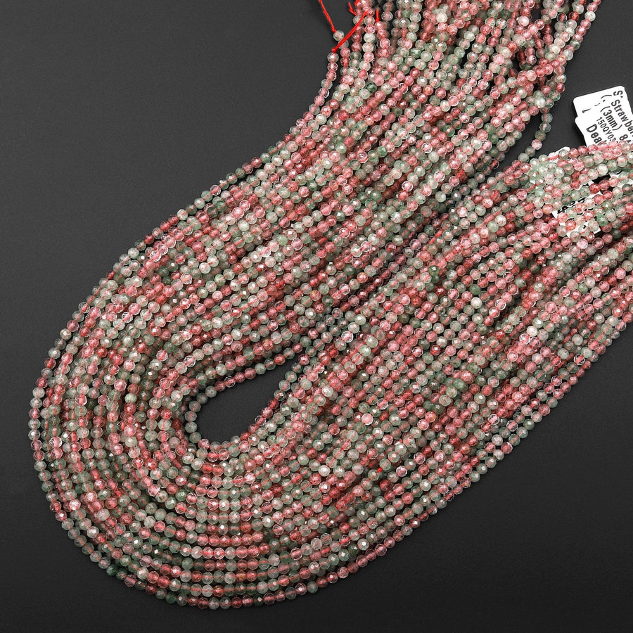 Natural Strawberry Quartz Faceted 3mm Round Beads Micro Laser Cut Watermelon Pink Green Gemstone 15.5" Strand