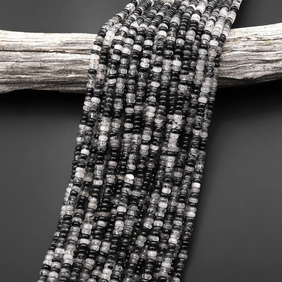 Natural Black Tourmaline Rutilated Quartz Thin Rondelle 4mm Beads 15.5" Strand
