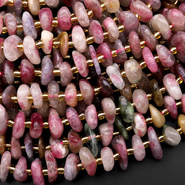 Natural Pink Tourmaline Beads Freeform Center Drilled Rondelle Disc Organic Cut Chip Nuggets 15.5" Strand