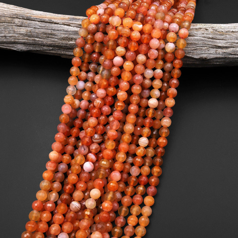 Faceted Natural Orange Botswana Agate Round Beads 6mm 15.5" Strand