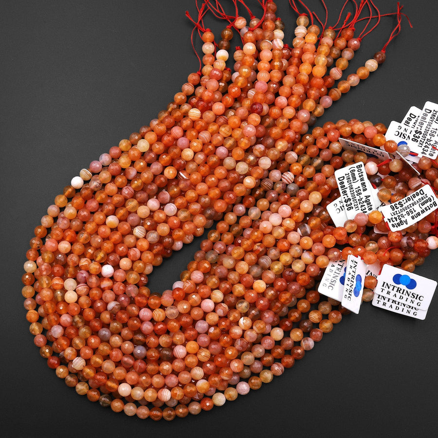 Faceted Natural Orange Botswana Agate Round Beads 6mm 15.5" Strand