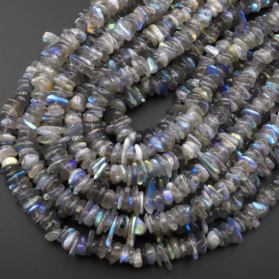 Flashy Natural Labradorite Green Blue Flashes Freeform Chip Rondelle Beads Gemstone 15.5" Strand