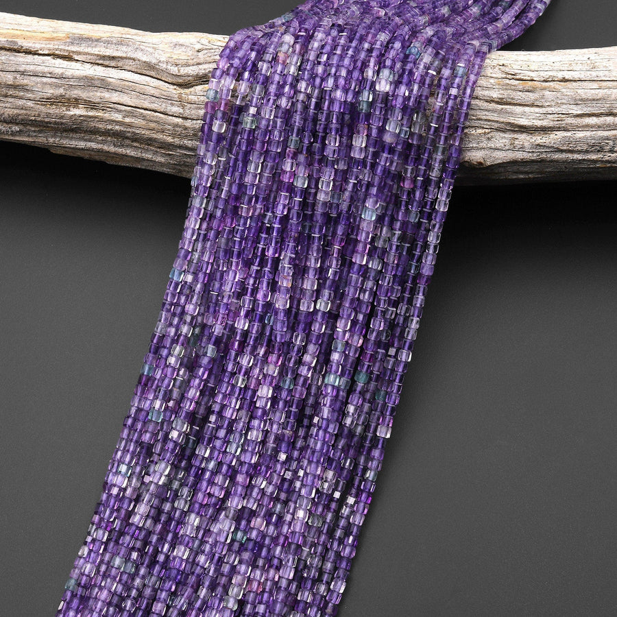 AAA Natural Fluorite Faceted 2mm Cube Square Beads Purple Green Gemstone 15.5" Strand