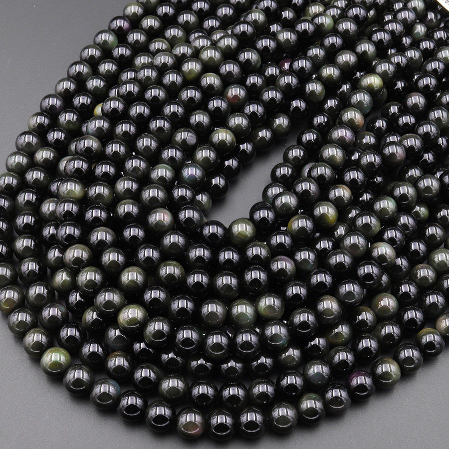 AAA Natural Rainbow Black Obsidian 6mm 8mm 10mm 12mm Round Beads 15.5" Strand