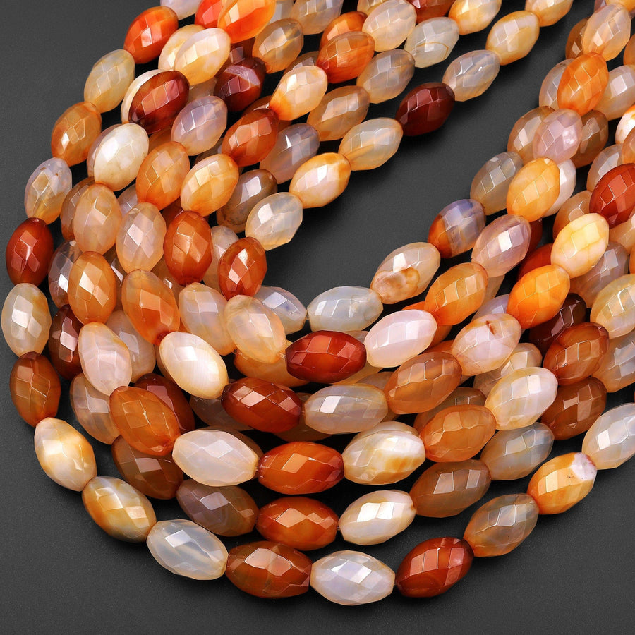 Natural Carnelian Faceted Oval Drum Barrel Beads 15.5" Strand