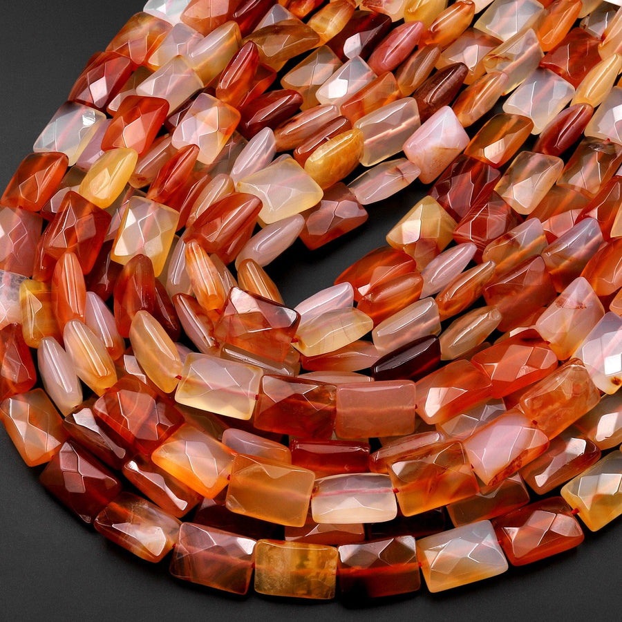 Natural Carnelian Faceted Rectangle Cushion Beads Fiery Orange Red Gemstone 15.5" Strand