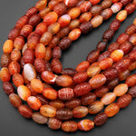 Hand Carved Natural Orange Red Carnelian Barrel Gemstone Beads 15.5" Strand