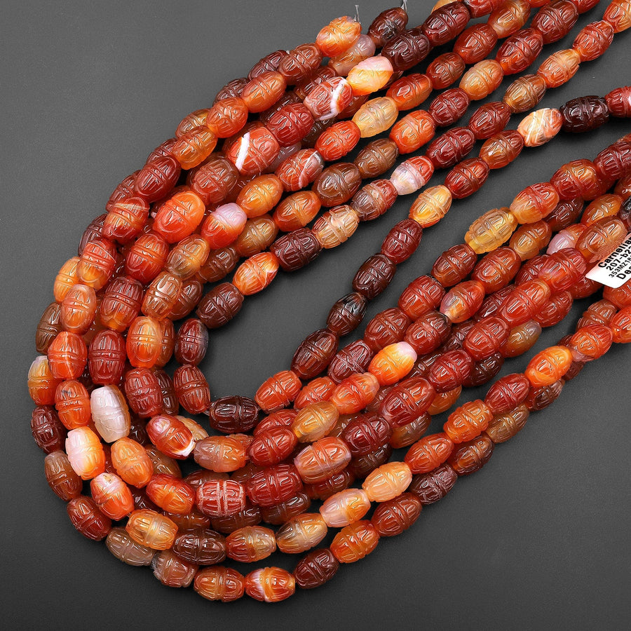 Hand Carved Natural Orange Red Carnelian Barrel Gemstone Beads 15.5" Strand