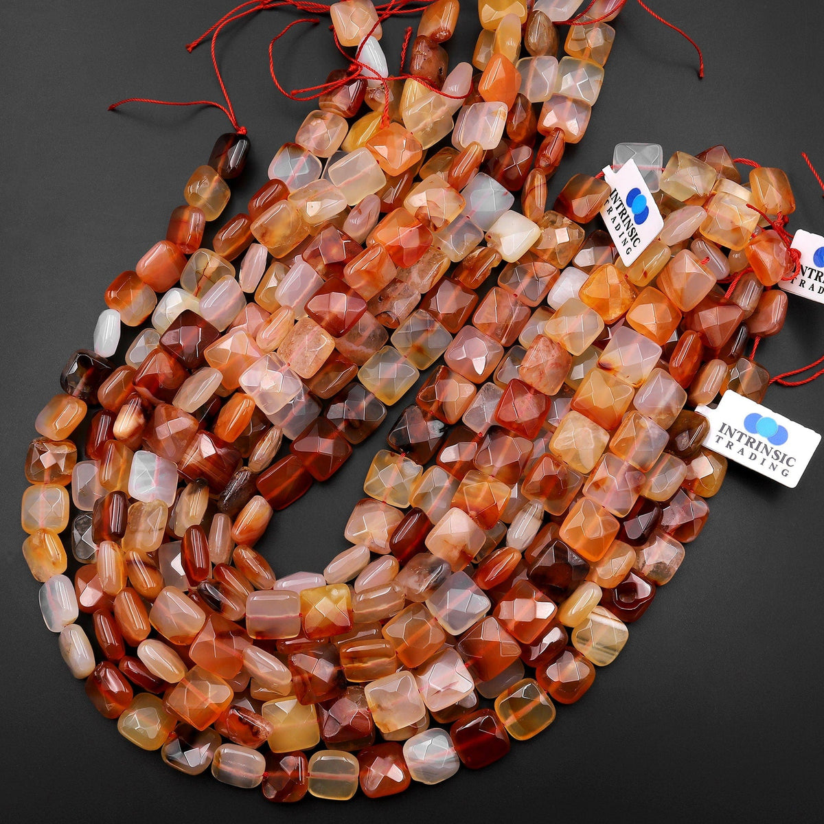 Natural Carnelian Faceted Square Cushion 12mm Beads Fiery Orange