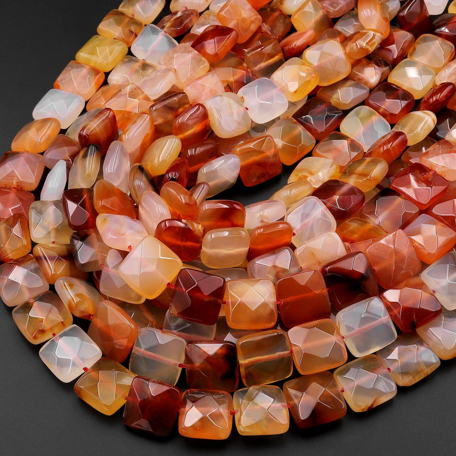 Natural Carnelian Faceted Square Cushion 12mm Beads Fiery Orange Red Gemstone 15.5" Strand