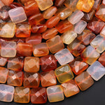 Natural Carnelian Faceted Square Cushion 12mm Beads Fiery Orange Red Gemstone 15.5" Strand