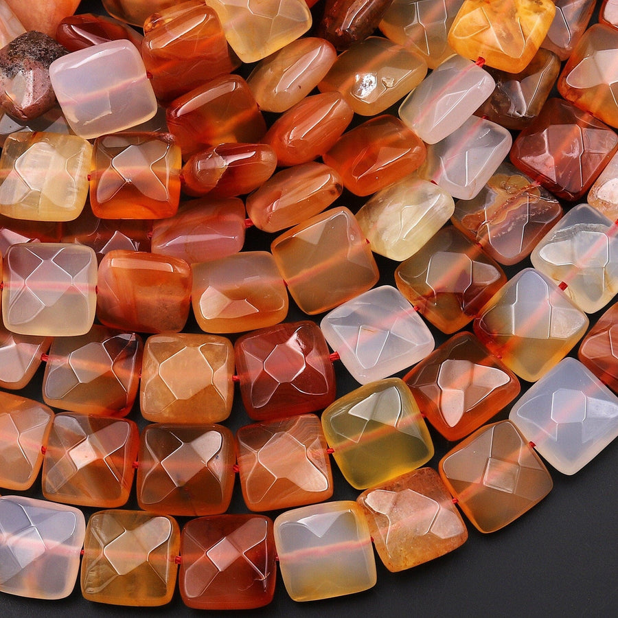 Natural Carnelian Faceted Square Cushion 12mm Beads Fiery Orange Red Gemstone 15.5" Strand