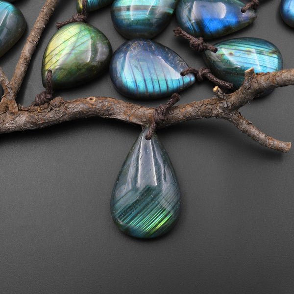 AAA Natural Rainbow Labradorite Teardrop W/ Stripes Front Drilled Pendant A3