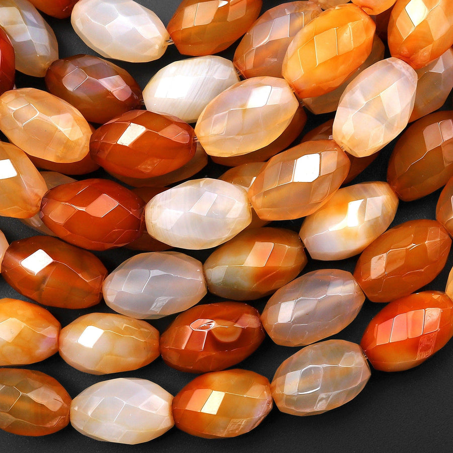 Natural Carnelian Faceted Oval Drum Barrel Beads 15.5" Strand