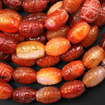 Hand Carved Natural Orange Red Carnelian Barrel Gemstone Beads 15.5" Strand