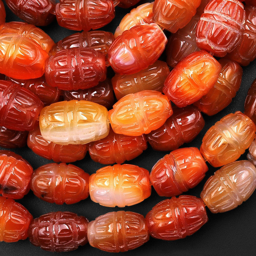 Hand Carved Natural Orange Red Carnelian Barrel Gemstone Beads 15.5" Strand