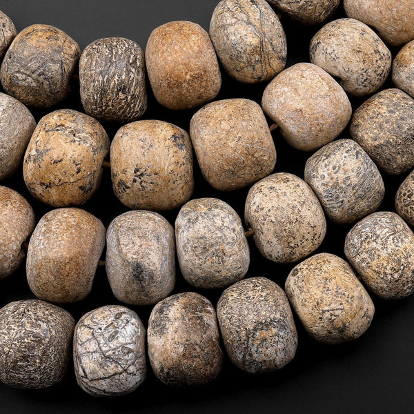 Genuine Fossilized Stegodon Stone Beads Graduated Earthy Gray Beige Slate Brown 24" Strand