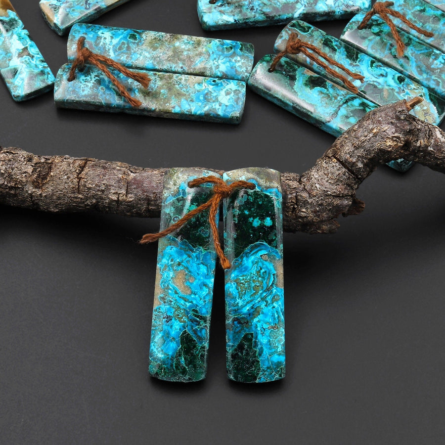 Natural Shattuckite Earring Pair Rectangle Matched Gemstone Beads Chrysocolla Azurite Malachite From Congo A7