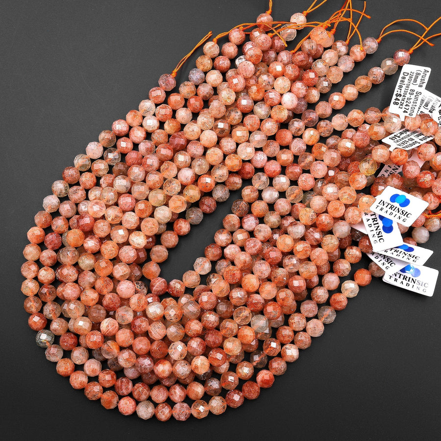 Faceted Natural Arusha Sunstone Round Beads 6mm 7mm 8mm 9mm Sparkling Micro Diamond Cut Gemstone 15.5" Strand