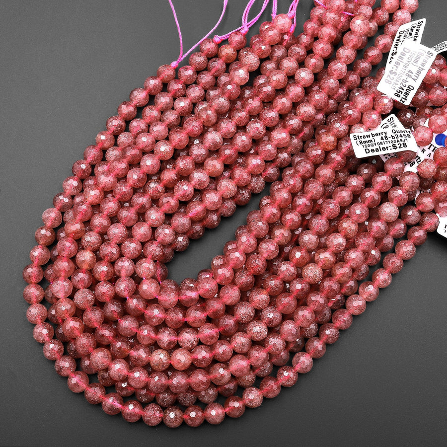 Faceted Natural Red Strawberry Quartz 8mm Round Beads 15.5" Strand