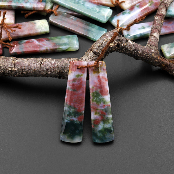 Natural Rainbow Agate Earring Pair Rectangle Matched Gemstone Bead Pair A3