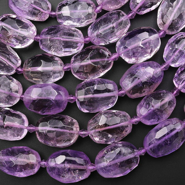 AAA Handcut Natural Amethyst Faceted Oval Nugget Beads 15.5" Strand