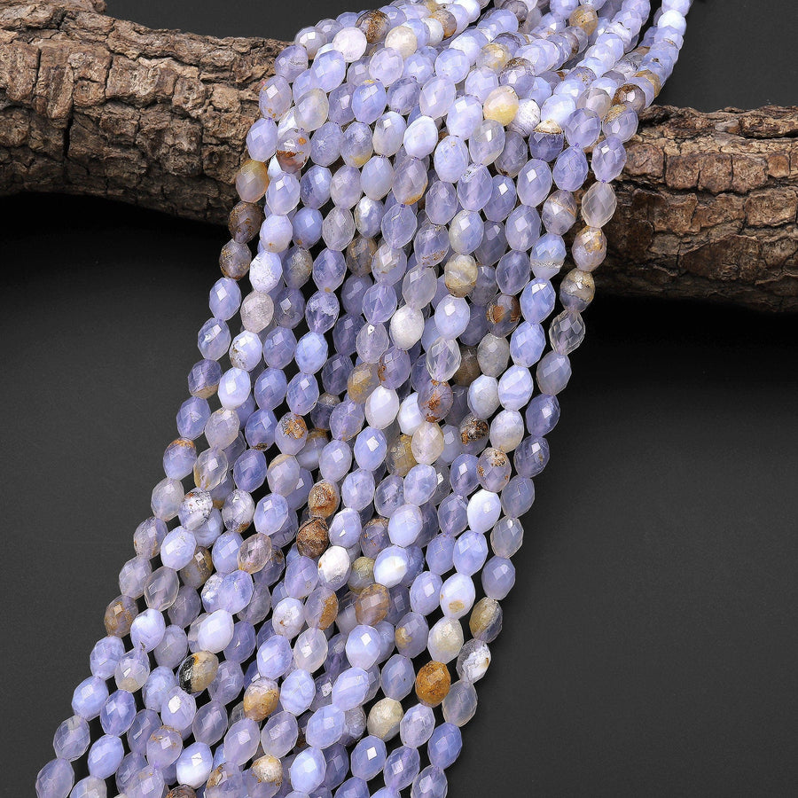 Natural Blue Chalcedony Faceted Drum Barrel Rice Beads 15.5" Strand