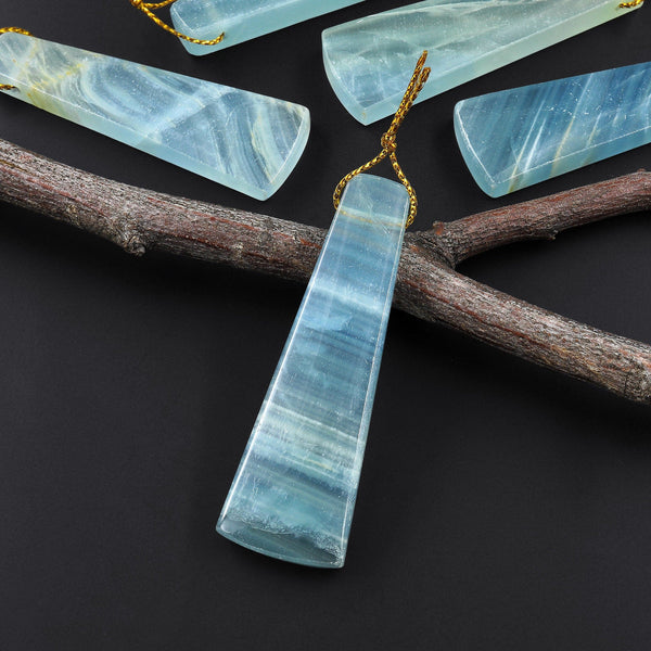Natural Argentina Lemurian Aquatine Blue Calcite Pendant Long Trapezoid Side Drilled Gemstone A1