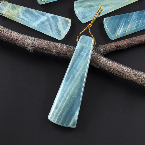 Natural Argentina Lemurian Aquatine Blue Calcite Pendant Long Trapezoid Side Drilled Gemstone A3