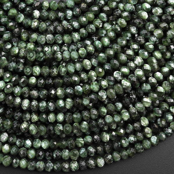AAA Genuine Natural Seraphinite Micro Faceted 4mm Rondelle Beads Green Gemstone From Russia 15.5" Strand