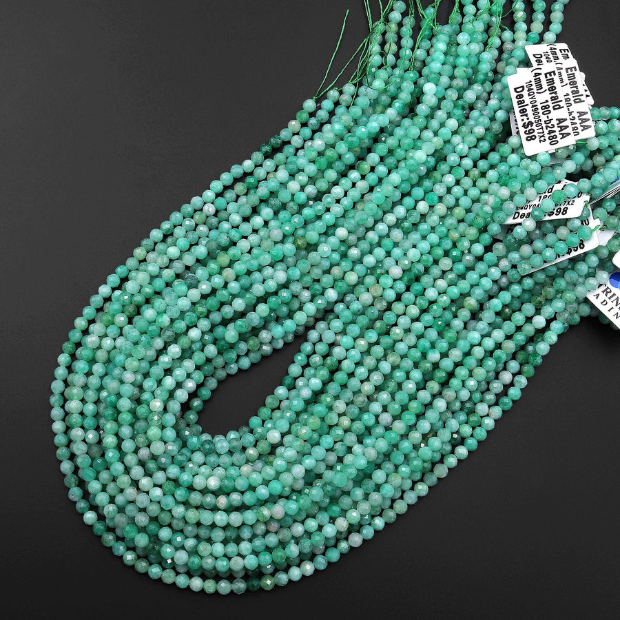 AAA Real Genuine Natural Colombia Green Emerald Gemstone Faceted 4mm Round Beads Laser Diamond Cut Gemstone May Birthstone 15.5" Strand
