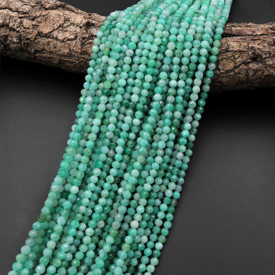 AAA Real Genuine Natural Colombia Green Emerald Gemstone Faceted 4mm Round Beads Laser Diamond Cut Gemstone May Birthstone 15.5" Strand