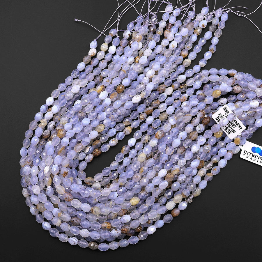 Natural Blue Chalcedony Faceted Drum Barrel Rice Beads 15.5" Strand