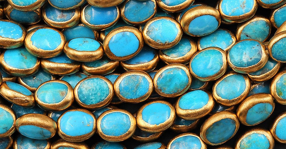 Genuine 100% Natural Arizona Blue Turquoise Gold Copper Edging Oval Beads Choose from 5pcs, 10pcs 16