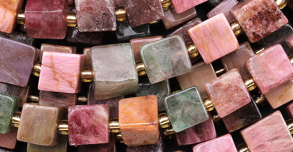 Natural Pink Tourmaline 6mm 8mm Square Cube Beads 15.5