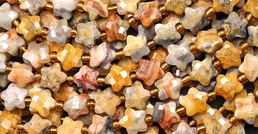 Faceted Natural Yellow Crazy Lace Agate Beads 8mm Carved Star Gemstone 14.5