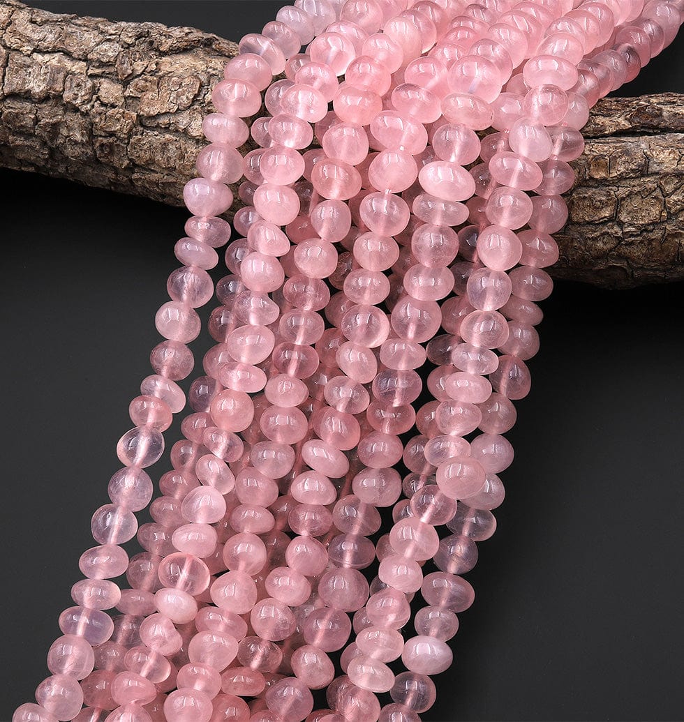 Natural Madagascar Mauve Pink Rose Quartz Center Drilled Freeform Thick Pebble Nugget Beads 15.5