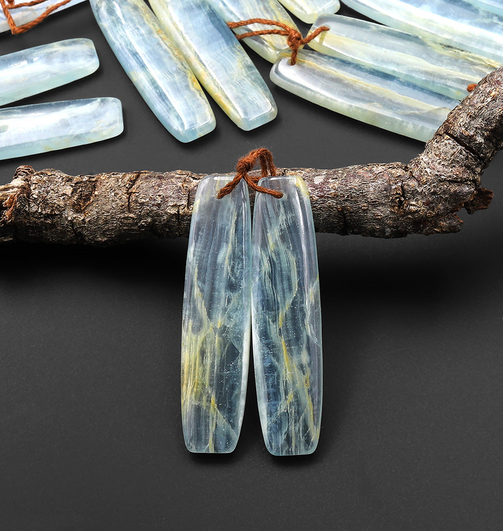 Natural Argentina Lemurian Aquatine Blue Calcite Curved Rectangle Earring Matched Translucent Light Blue Gemstone Bead Pair
