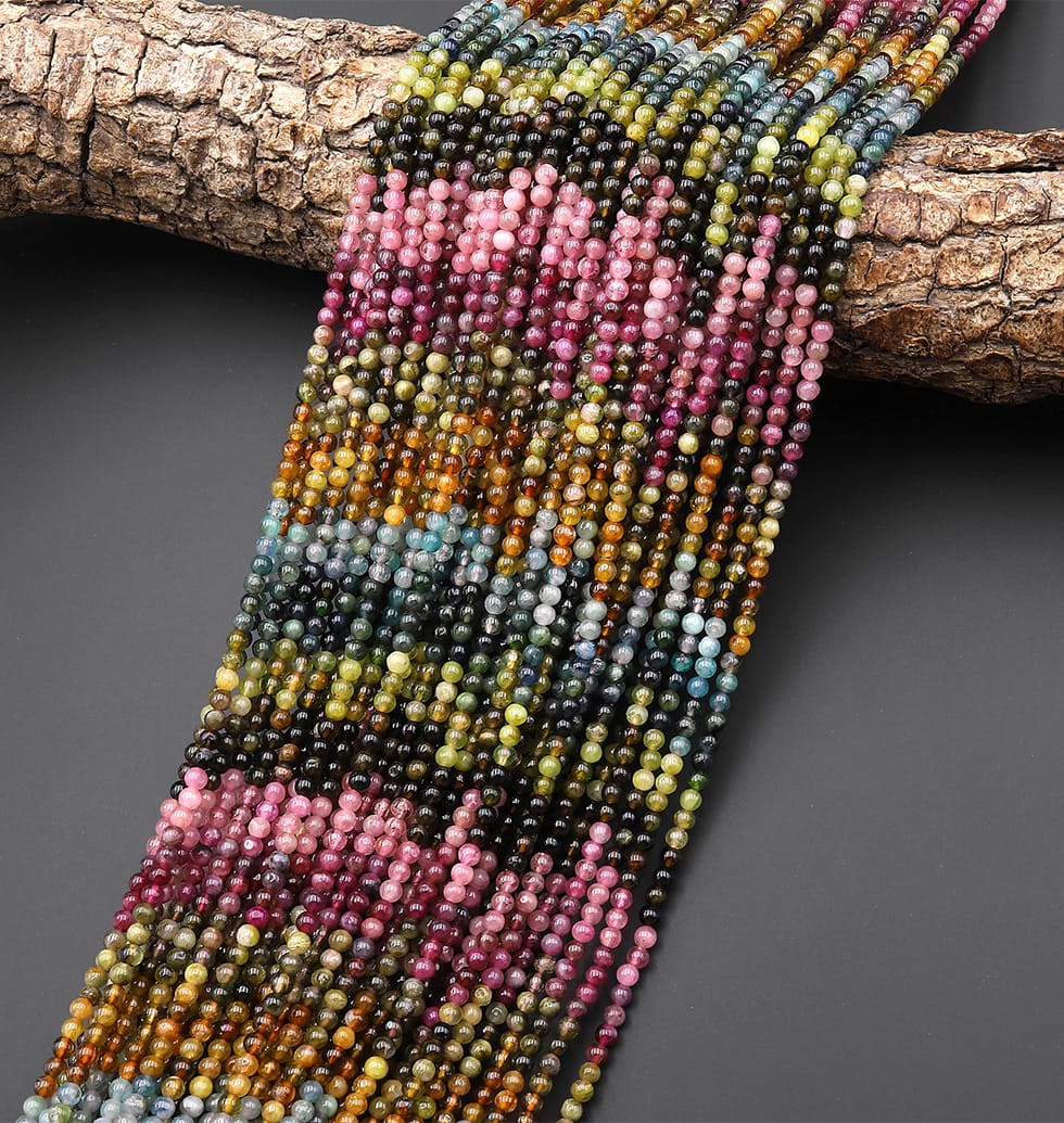 Genuine Natural Pink Green Aqua Blue Yellow Tourmaline 3mm Smooth Round Ombre Gemstone Beads 15.5