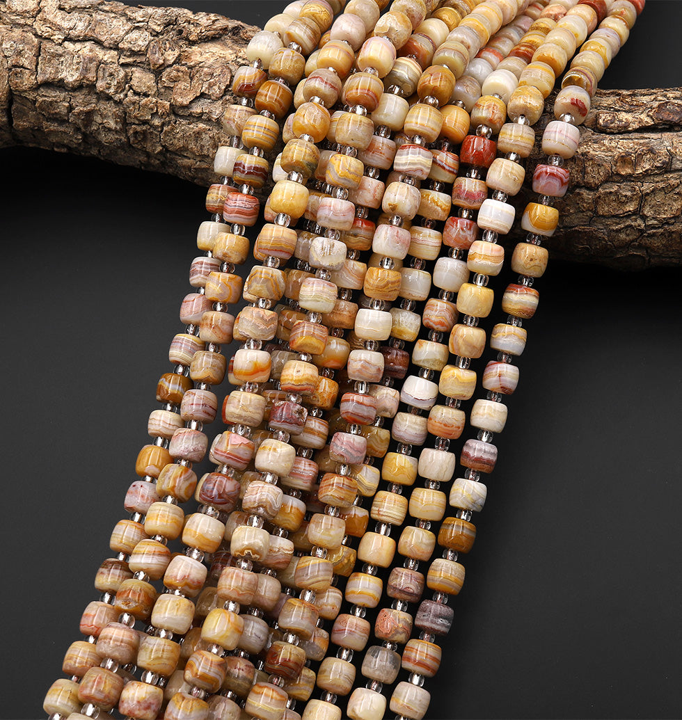 Natural Yellow Red Rainbow Lace Agate Rounded Drum Barrel Beads 15.5