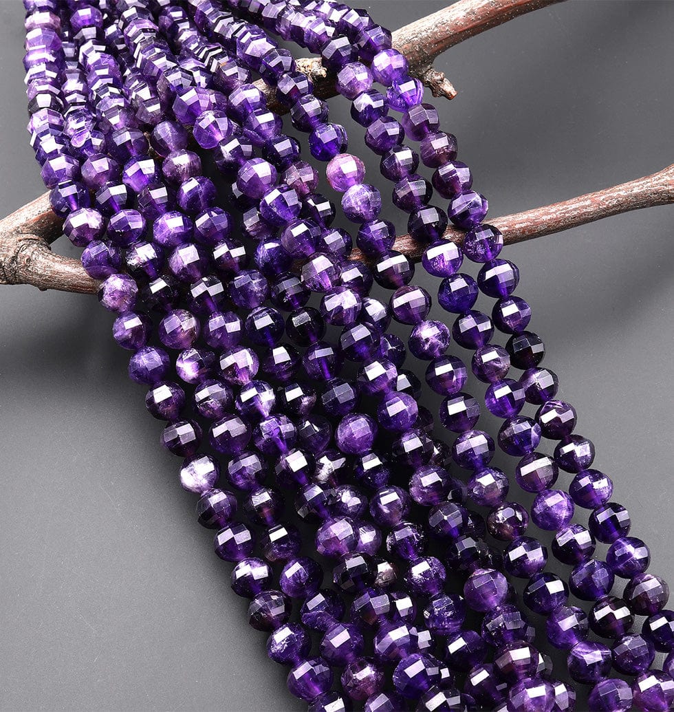 AAA Faceted Lantern Cut Natural Purple Amethyst 8mm Round Gemstone Beads 15.5