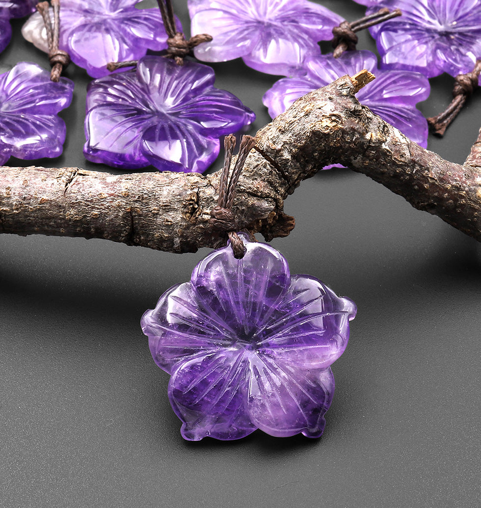 Hand Carved Real Natural Purple Amethyst Flower Pendant Gemstone Bead