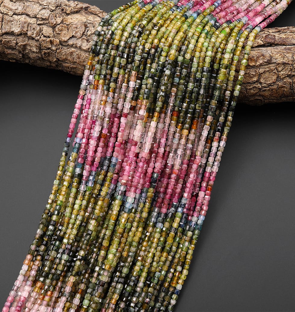 AAA Natural Tourmaline Faceted 2mm 3mm Pink Green Blue Cube Beads Gemstone 15.5