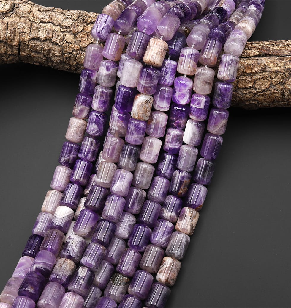 Natural Chevron Amethyst Barrel Tube Beads 10x14mm 15.5