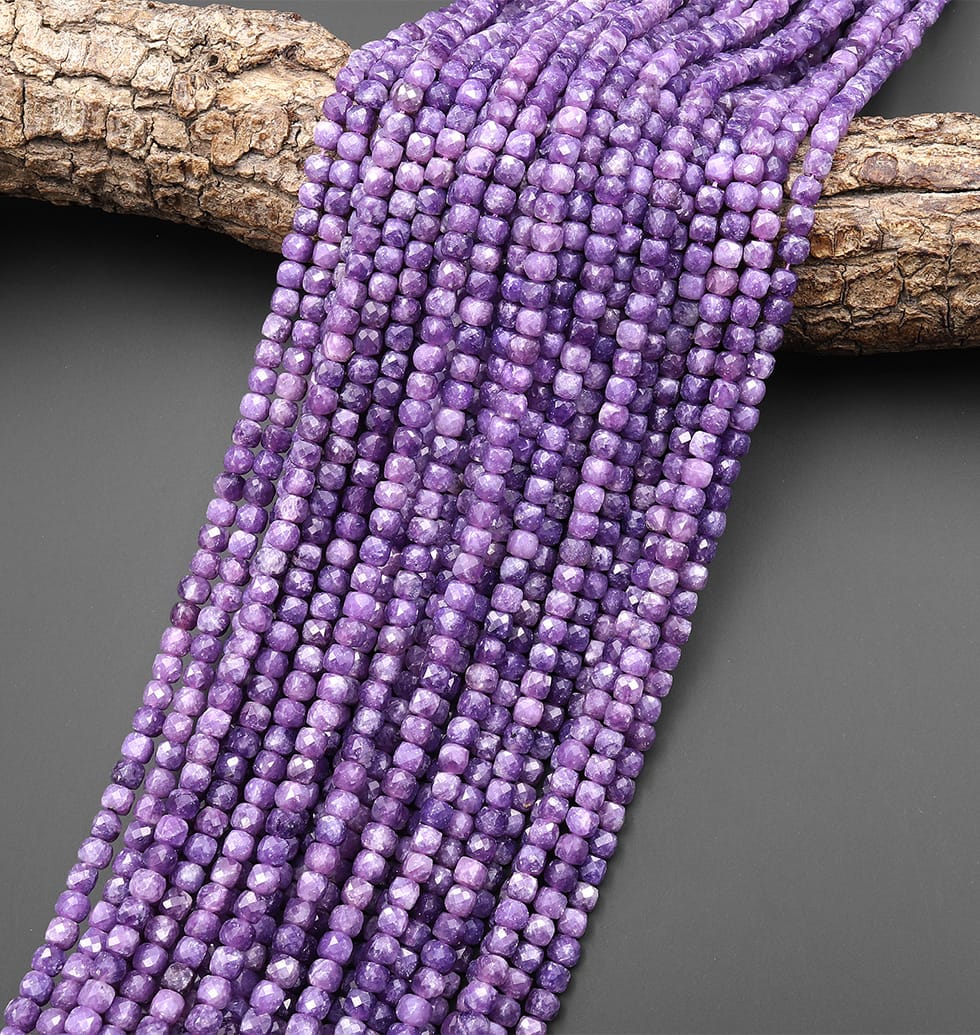 AAA Natural Purple Lepidolite Faceted 4mm Cube Square Beads 15.5