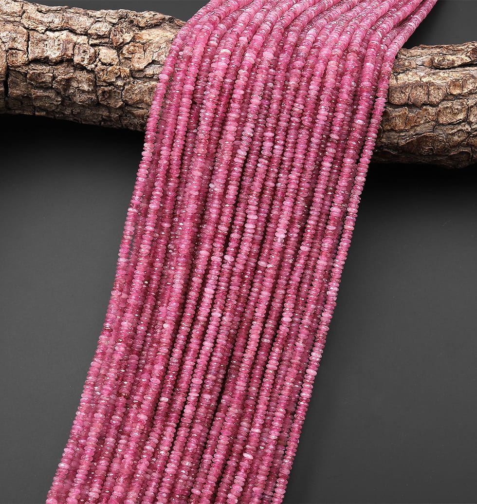 AAA Faceted Natural Pink Tourmaline Thin Rondelle 3mm Beads Micro Diamond Cut Gemstone 15.5