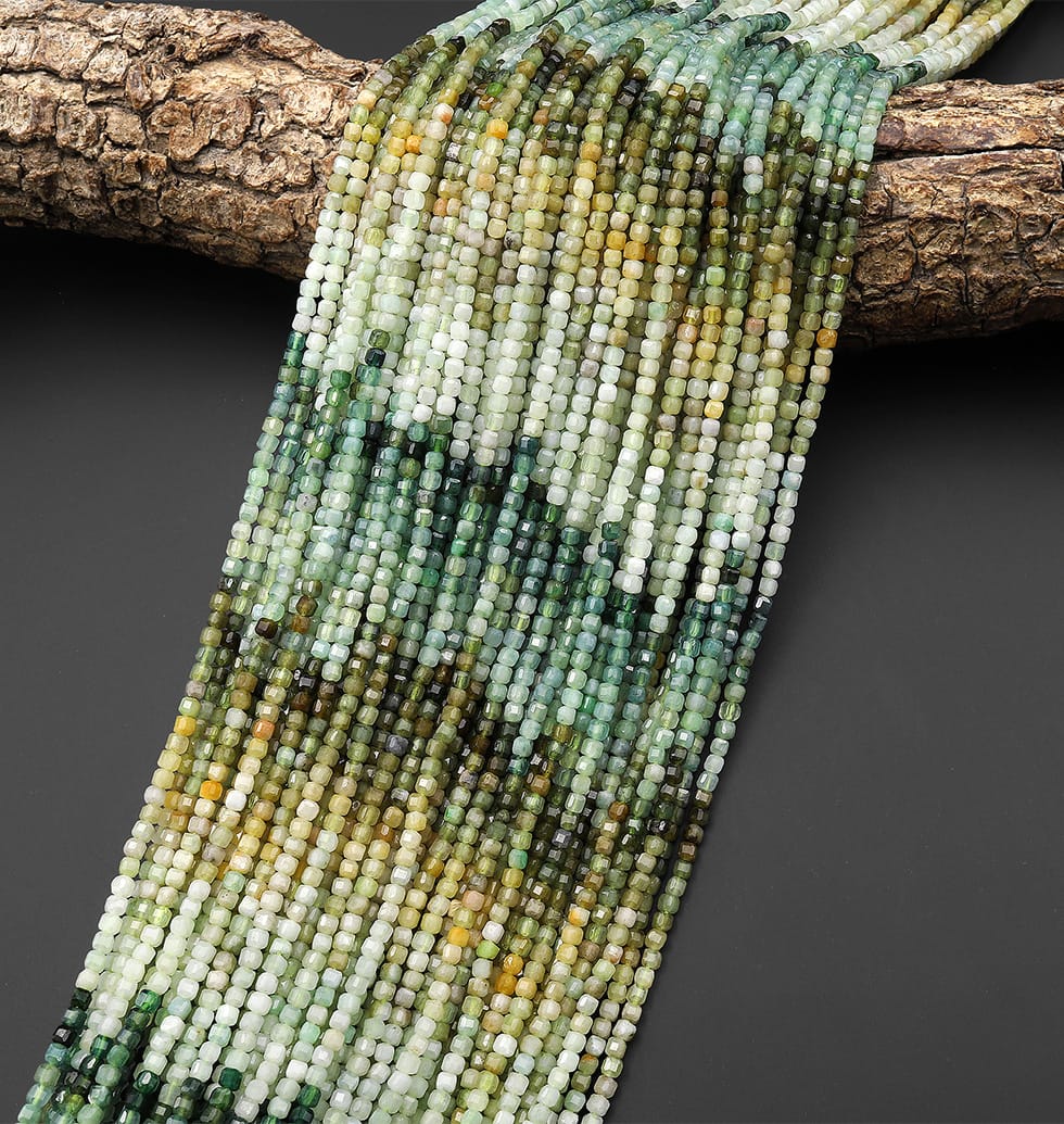 Faceted Natural Multicolor Yellow Green Jadeite 2mm Cube Beads Ombre Gemstone 15.5