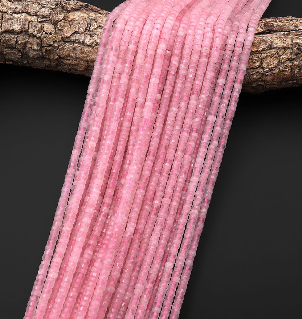 AAA Faceted Natural Pink Rose Quartz Heishi Rondelle Beads 4mm 15