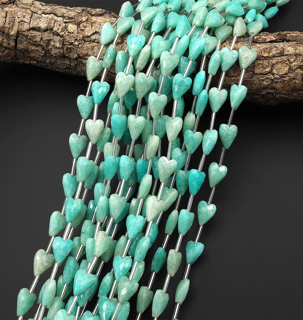 Faceted Natural Sea Blue Green Peruvian Amazonite Heart Beads 8x12mm Gemstone 15.5