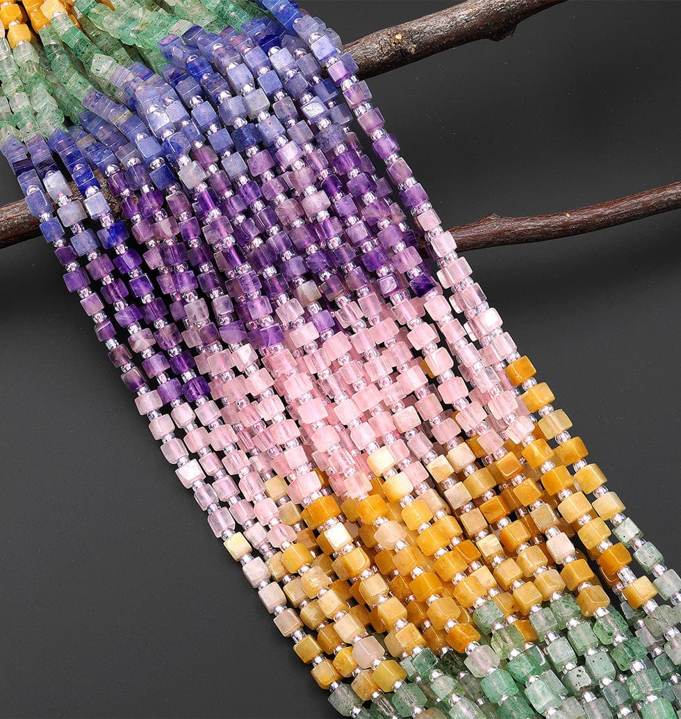 Multicolor Natural Gemstone 4mm Smooth Cube Beads Pink Rose Quartz Yellow Aventurine Green Chalcedony Blue Aventurine Amethyst 15.5